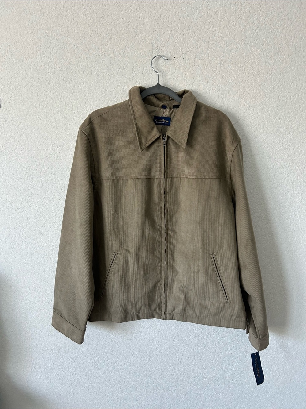NWT Club Room Men's Faux Suede Full Zip Harrington Jacket Tan Khaki Large L